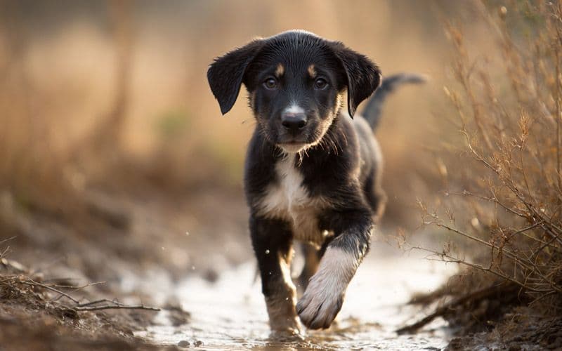 Le chiot développe sa coordination sur une surface nouvelle — une flaque d’eau.