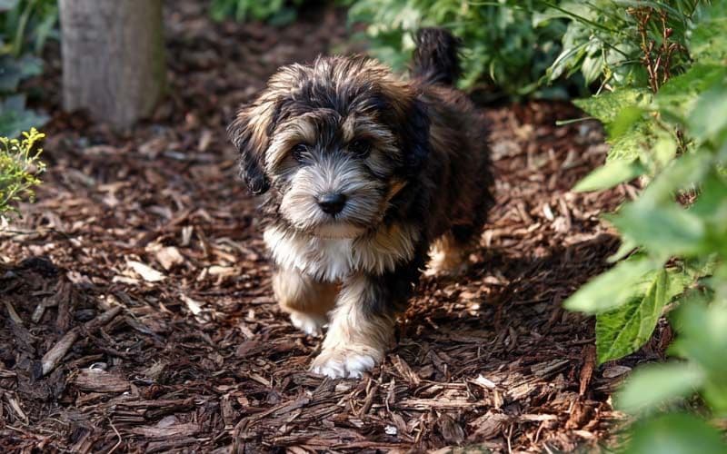 Le chiot apprend à marcher sur une nouvelle surface : du paillis de jardin.